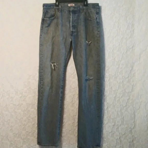 Levi 501 Jeans Men's 36X36 Light Wash Denim Button Fly Classic Red tab Destroyed - Picture 2 of 12